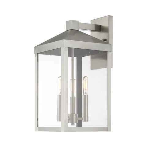 Transitional Three Light Outdoor Wall Lantern From Nyack Collection in Brushed Nickel Finish, clear glass, weather resistant.