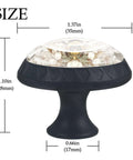 4 Pcs 1.37 Inch Round Cabinet Knobs Floral Bee Design Black with dimensions and detailed view of floral pattern.