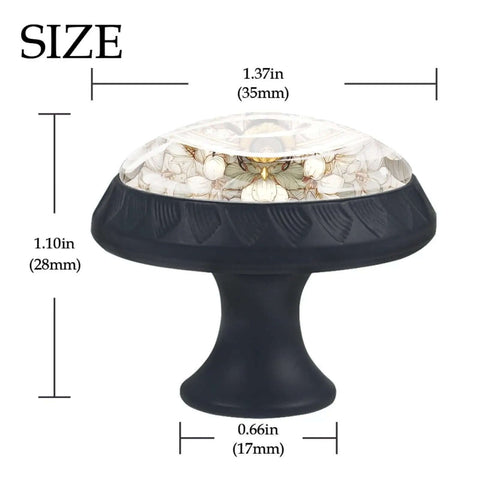 4 Pcs 1.37 Inch Round Cabinet Knobs Floral Bee Design Black with dimensions and detailed view of floral pattern.
