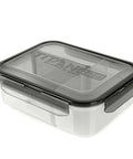 Leak Proof Expandable Lunch Bag With Ice Walls Keeps Your Lunch Fridge Cold Up To Six Hours Heavy Duty Grab And Go Zero Mess Insulated Travel Tote Gray Silver meal storage container with transparent lid and compartments.