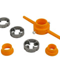 Fabulettas Six-Piece PPR Pipe Bender Spring And Manual Threader Tool Kit For Plastic Conduit with alloy rings and orange handle.