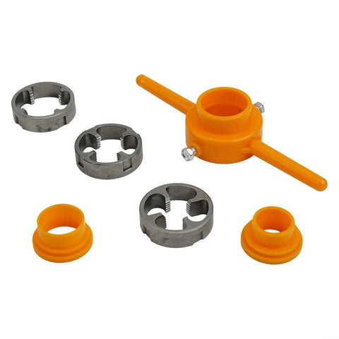 Fabulettas Six-Piece PPR Pipe Bender Spring And Manual Threader Tool Kit For Plastic Conduit with alloy rings and orange handle.