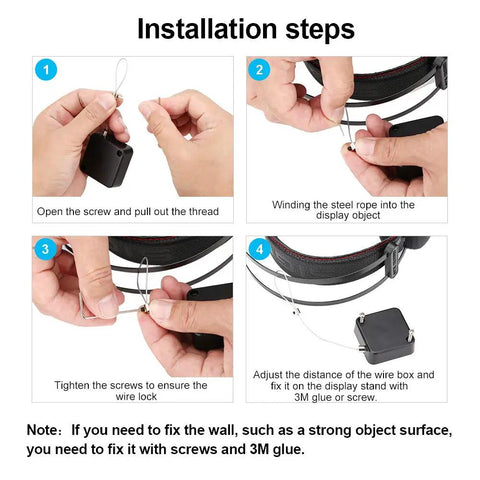 Installation steps for Retractable Display Security Cable Lock with Adjustable Tether Stops for securing merchandise.