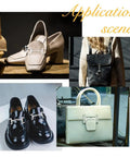 8 Piece Platinum Double D Rings Snaffle Bit Buckles featured on shoes and handbags in an application scene