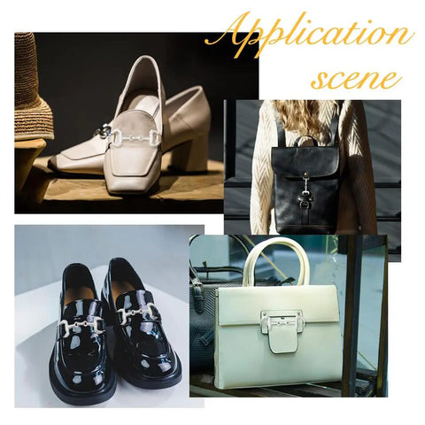 8 Piece Platinum Double D Rings Snaffle Bit Buckles featured on shoes and handbags in an application scene