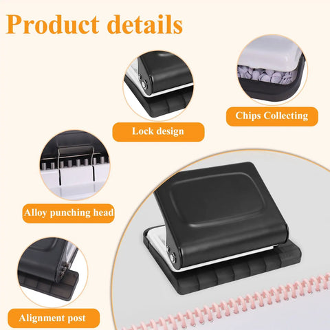 Close-up of a 10 Hole Punch Binding Machine for Planners with 10 Color Binder Rings, featuring alloy punching head and lock design in black.