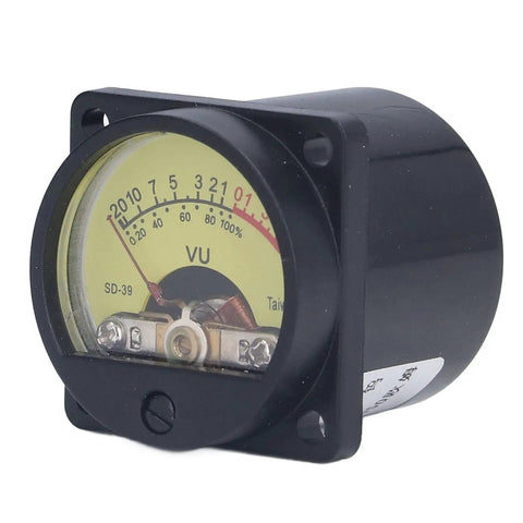 Analog VU Meter With Backlight For Amps A Compact VU Level Gauge On Durable Plastic Iron Panel Ready To Tackle Vibration And Static Easy Readout For Accurate Sound And Noise Measurement, black round panel gauge front view
