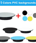 Qinmay 360 Degree Rotating Display Stand with remote, includes five PVC backgrounds: black, white, blue, gray, and yellow.