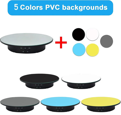 Qinmay 360 Degree Rotating Display Stand with remote, includes five PVC backgrounds: black, white, blue, gray, and yellow.