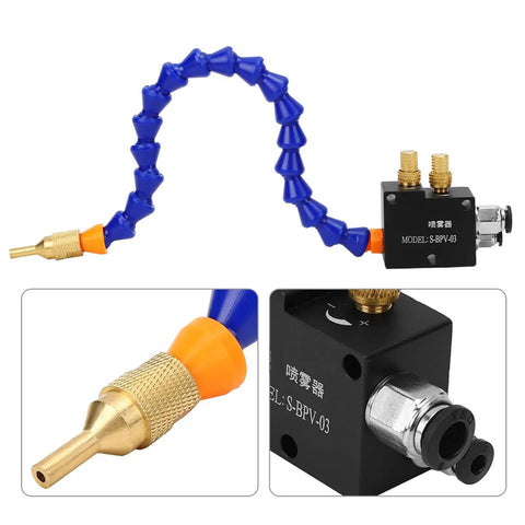 Game Changer Coolant Sprayer System For Cnc Machining showing flexible blue coolant hose and brass nozzle for efficient lubrication.