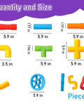 No Fuss Learning 156 Piece Pipe Building Blocks Set showing colorful interlocking tubes and connectors for kids, various sizes.
