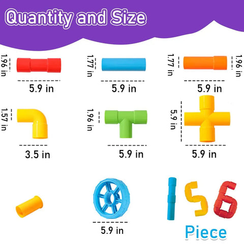 No Fuss Learning 156 Piece Pipe Building Blocks Set showing colorful interlocking tubes and connectors for kids, various sizes.