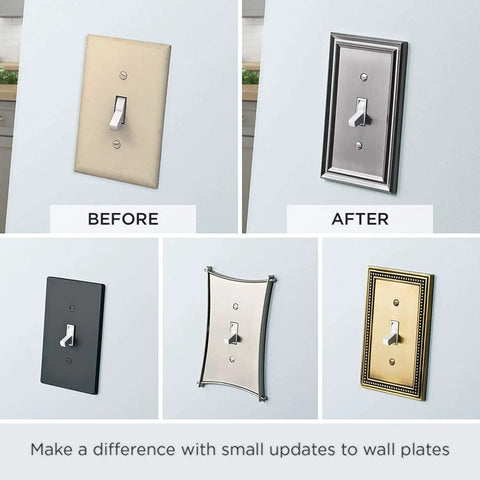 Comparison of wall plates before and after with decorative designs, including Beaded Single Rocker Wall Plate 1 Gang GFI Outlet Cover, ETL Certified, Brushed Nickel.