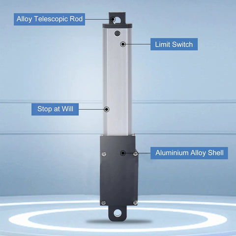 12V DC Linear Actuator with 50mm Stroke, alloy telescopic rod, aluminium alloy shell, mini limit switch highlighted