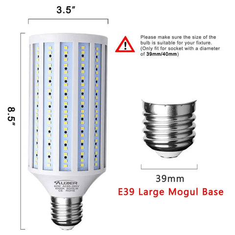 60W LED Corn Light Bulb With Large Mogul E39 Base 6000 Lumens Daylight 6500K Ultra Bright Flood Light dimensions shown