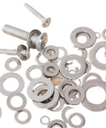 1080 Piece Stainless Steel Screw Washers Assortment Kit For Mechanical Construction Home Repair Automotive DIY Projects Pro Grade Multipurpose Flat Gaskets To Distribute Pressure And Secure Fasteners. Stainless steel flat washers with screws on white background
