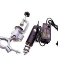 Rock Solid Workhorse Electric Leather Burnisher And Bench Polish Machine Featuring Dual Voltage Grind Buff Tool with clamps and power supply.