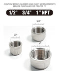 Heavy Duty 304 Stainless Steel Pipe Cap NPT Female Threaded Fitting 1 Inch Pack Of 2 with 1/2, 3/4, and 1-inch sizes shown.