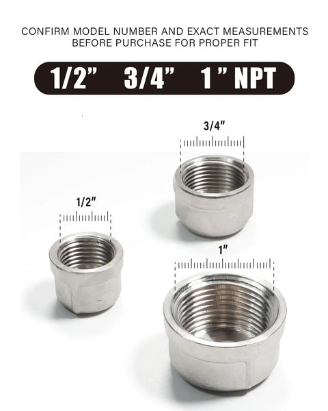 Heavy Duty 304 Stainless Steel Pipe Cap NPT Female Threaded Fitting 1 Inch Pack Of 2 with 1/2, 3/4, and 1-inch sizes shown.