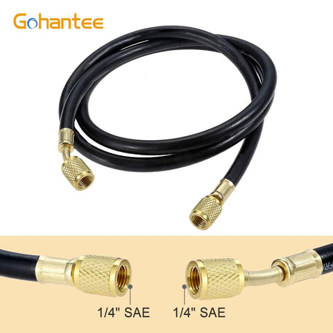 R410A AC refrigerant charging hose set, GoHantee, black hoses with 1/4-in SAE female flare brass fittings