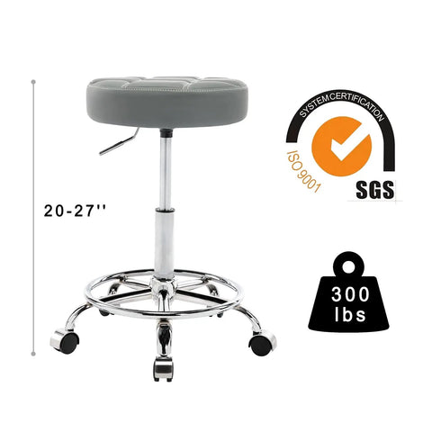 Ultra Cushioned Rolling Stool With Swivel Wheels And Foot Rest Extra Large 15 Inch Seat And Adjustable Height From Twenty To Twenty Seven Inches For Home Kitchen Office And Medical Use Supports Up To Three Hundred Pounds Grey, showing adjustable height and 300 lbs capacity
