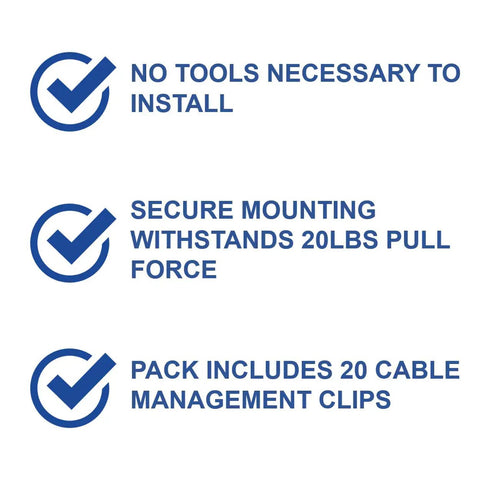 Text showing features of Wall Cable Management Clips No Tools Required To Install Black 20 Pack With 20 Lb Pull Force for Enclosures