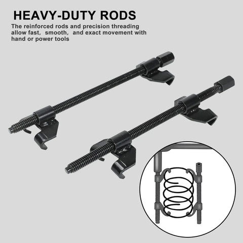 Beefy Heavy Duty Auto Strut Coil Spring Compressor Tool Set With 15 Inch Jaw, drop-forged jaws, illustrated use inset.