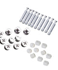 Cam Lock Fasteners Set With 24 Heavy Duty Bolt Dowels For Furniture Assembly In Iron And Nylon Materials, nuts and dowels visible.