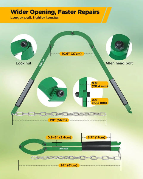 Fence Wire Fixer Heavy Duty Stretcher Tool built from high carbon steel with green finish, measurements, and components labeled.