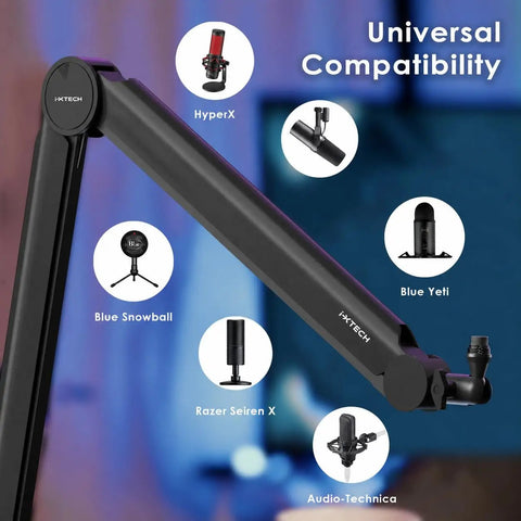 Universal compatibility of Premium Microphone Boom Arm With Desk Mount, 360 Rotatable And Fully Adjustable, displayed with different mics.