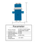 Top view of LC To LC Duplex Singlemode Fiber Optic Coupler Adapter With Blue Zirconia Ceramic Ferrules, product parameters visible