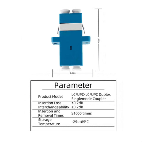 Top view of LC To LC Duplex Singlemode Fiber Optic Coupler Adapter With Blue Zirconia Ceramic Ferrules, product parameters visible