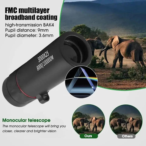 Ultra Powerful 3000X 25mm Long Focus Binoculars For Outdoors HD Pro Monocular For Camping And Hunting IPX6 Water Resistant Bak4 Prism With Wide Field Of View Black, black monocular telescope with BAK4 prism and elephant viewing scene