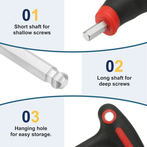 2 Pack T-Handle Ball End Hex Key Wrenches, 4mm Cr-V, Extra Long 212mm Length, features shafts for shallow and deep screws