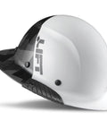 Side view of DAX Carbon Fiber Full Brim Hard Hat Fifty Fifty White Black Camo With Carbon Fiber Reinforced Resin Shell.