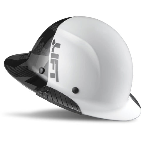 Side view of DAX Carbon Fiber Full Brim Hard Hat Fifty Fifty White Black Camo With Carbon Fiber Reinforced Resin Shell.