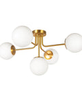 Brushed Gold Five-Globe Semi-Flush Mount Light With Dope Mid-Century Vibe, Low Ceiling Friendly, 27.5 Inch Wide Opal Frosted Globes