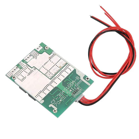 12V 100A 4S LiFePO4 Battery BMS Protection Board With Plug And Play Balancing and red-black wires for power connection.