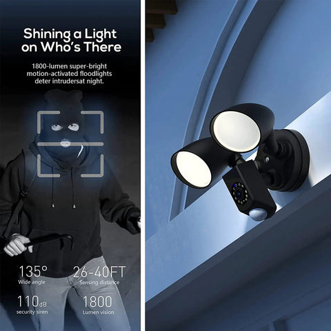 Dope Floodlight Security Camera With Motion Sensor 1080P HD Video Two Way Talk Infrared Night Vision Smart Siren mounted outdoors