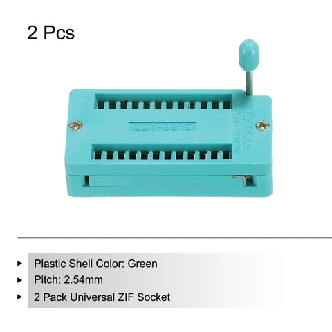 Universal ZIF IC Test Socket 24 Pin 2.54mm Pitch For Microcontrollers Chips Breadboards And IC Programming Dope For Prototyping And DIY Projects 2 Pack, green color