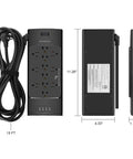 Ultimate Home Office Power Strip With USB Ports And 12 Outlets And 4 USB Chargers, 2700 Joules, 15 Foot Cord, Black, dimensions shown