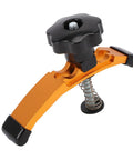 Heavy Duty T Track Hold Down Clamps With Rubber Pads For Woodworking Jobs And CNC Router Projects Includes Four Adjustable Press Plate Clamps, close-up of orange clamp detail.