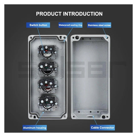 Front view of KDEGK DIY metal push-button control box with four switches, aluminum housing, and cable connector