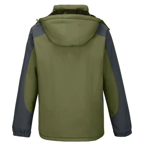 Back view of Mens Ski Snow Jacket Waterproof Winter Coat Windproof Warm Fleece Lined Hooded Parka Olive Green Size S