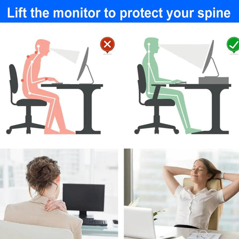 Diagram showing correct and incorrect monitor placements with ergonomic benefits for spine protection.