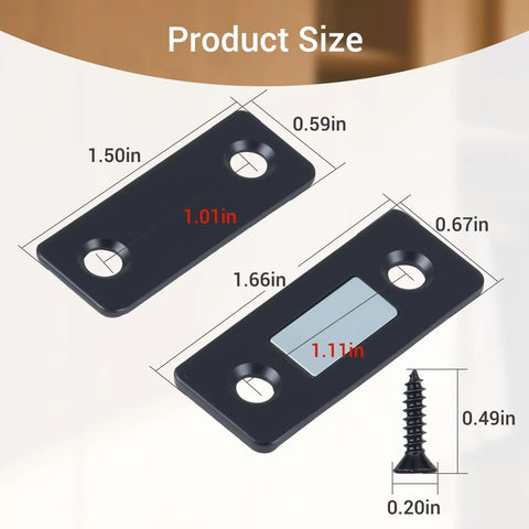 Ultra Thin Magnetic Cabinet Catch Set dimensions with black plates showing measurements and screw for Stick-On Drawer Magnets