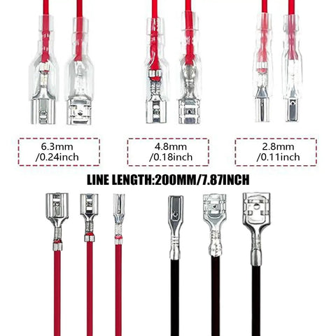 Thirty Piece Pack Female Speaker Wire Connectors With Pre Wired 18 Awg Red And Black Cables Nylon Sleeve Spade Terminals. Various sizes shown.