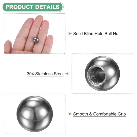 Four Pack Threaded Ball Nut Knobs M5x10mm 304 Stainless Steel Female Thread Ball Nut Caps For Lighting Fixtures Machinery DIY Round Solid Heavy Duty Screw Caps Silver shown in hand