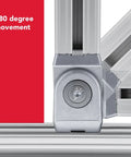 Close-up of two hole flexible pivot joint connector for aluminum extrusions, showing 180 degree adjustable mount.