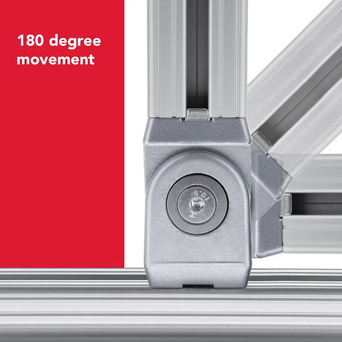 Close-up of two hole flexible pivot joint connector for aluminum extrusions, showing 180 degree adjustable mount.
